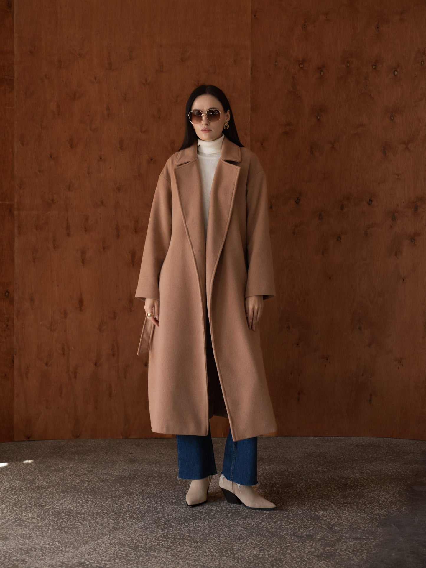 Double-breasted long oversize coat, Camel