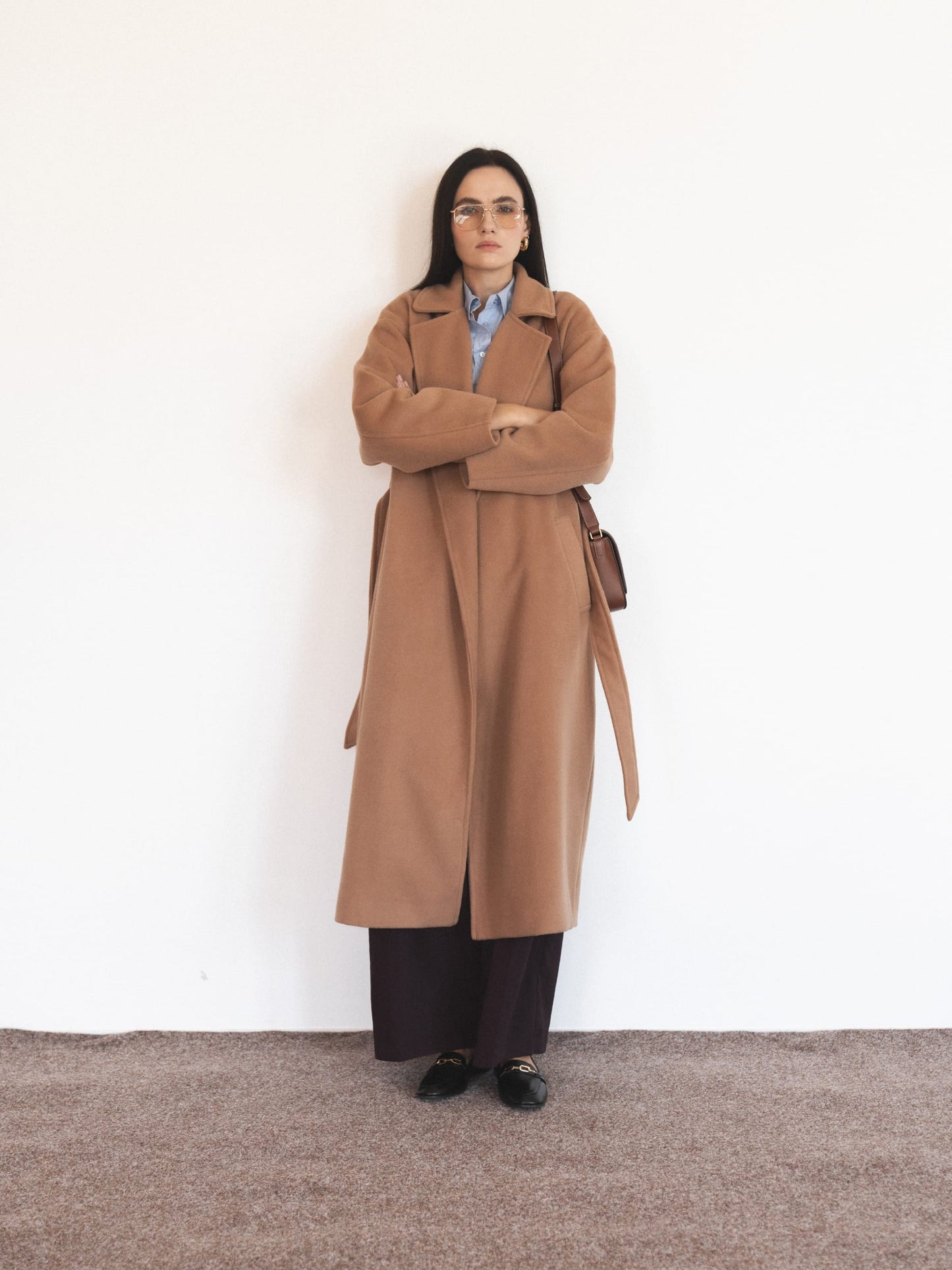 Double-breasted long oversize coat, Camel