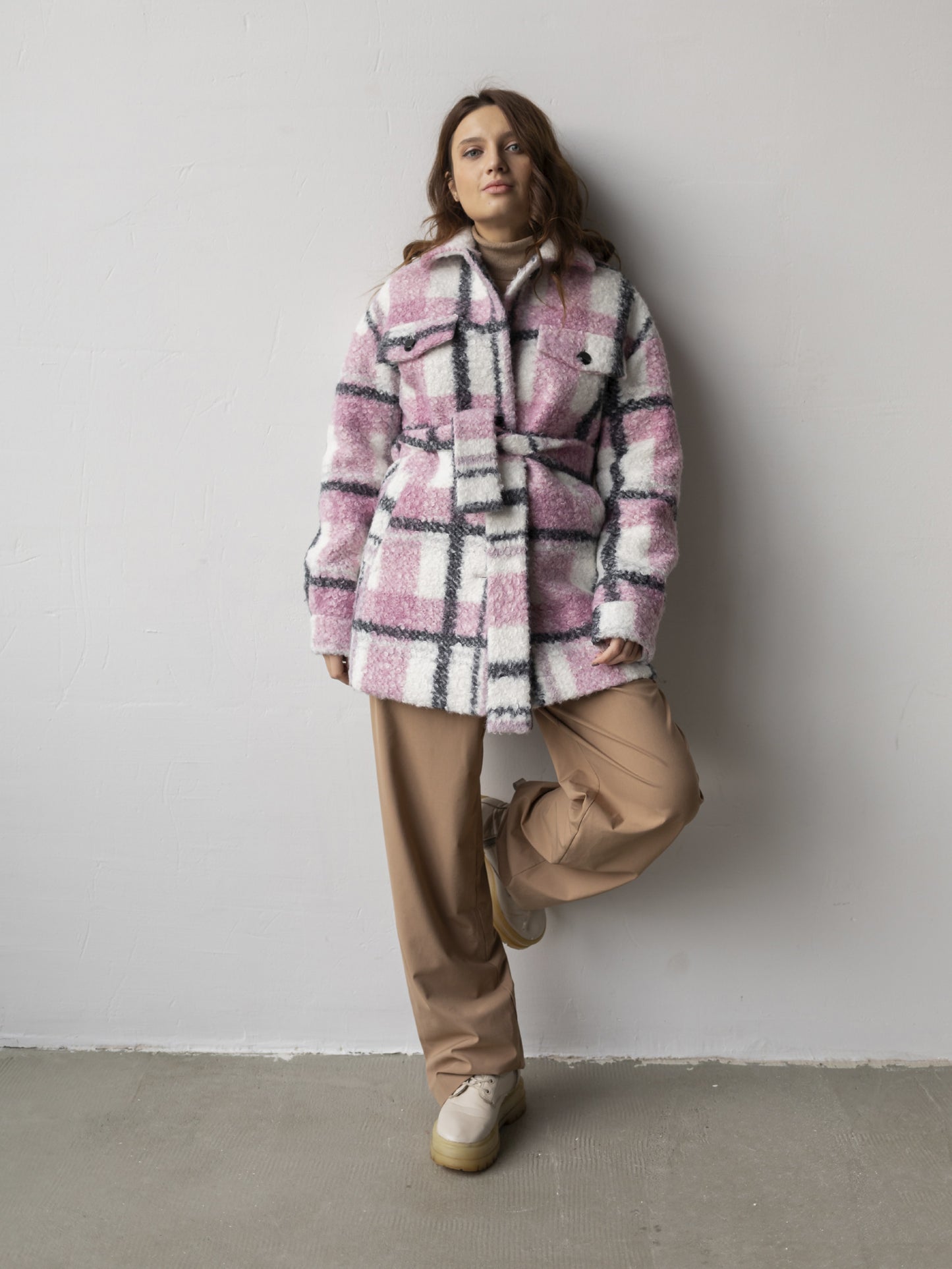 Wool Shirt Jacket Coats, Light Pink Check