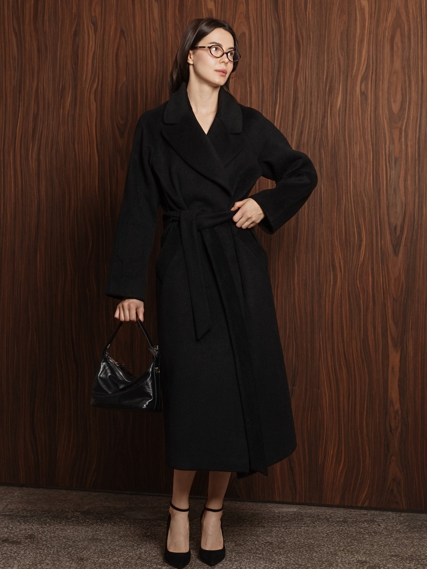 Double-breasted long coat with trim ribbon, Black