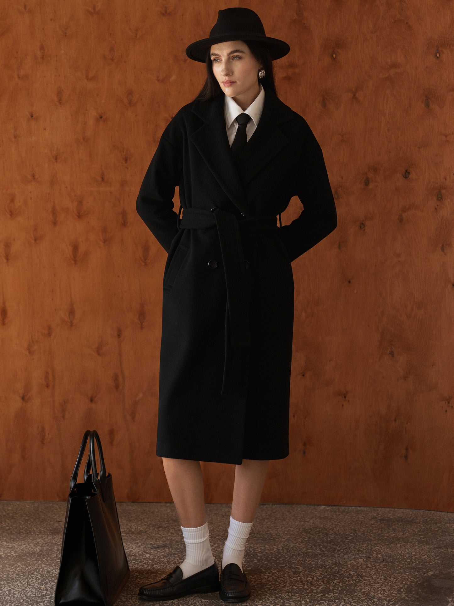 Wool Long coat with belt, Black