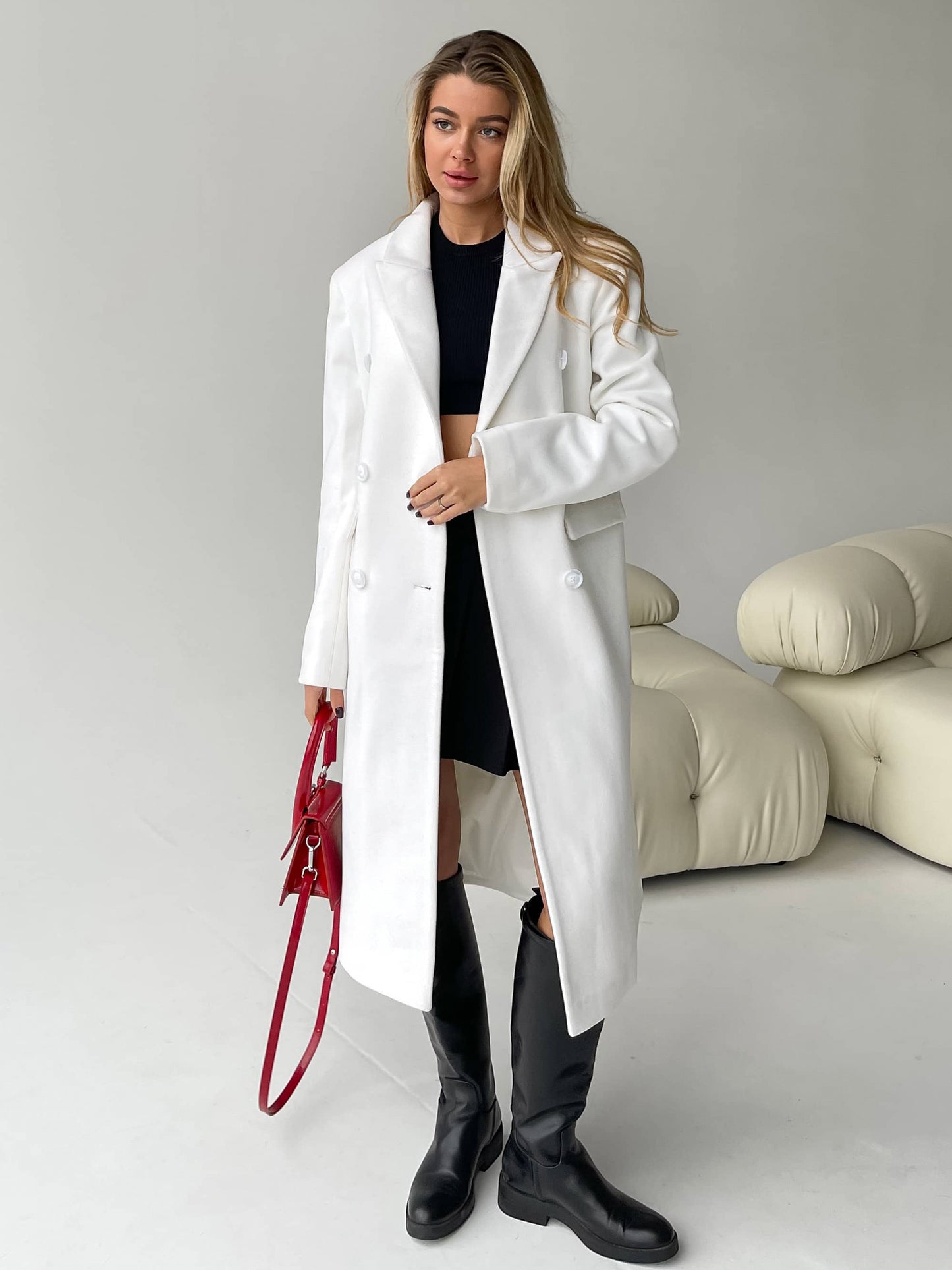 Long Coat with Masculine Shoulders, White